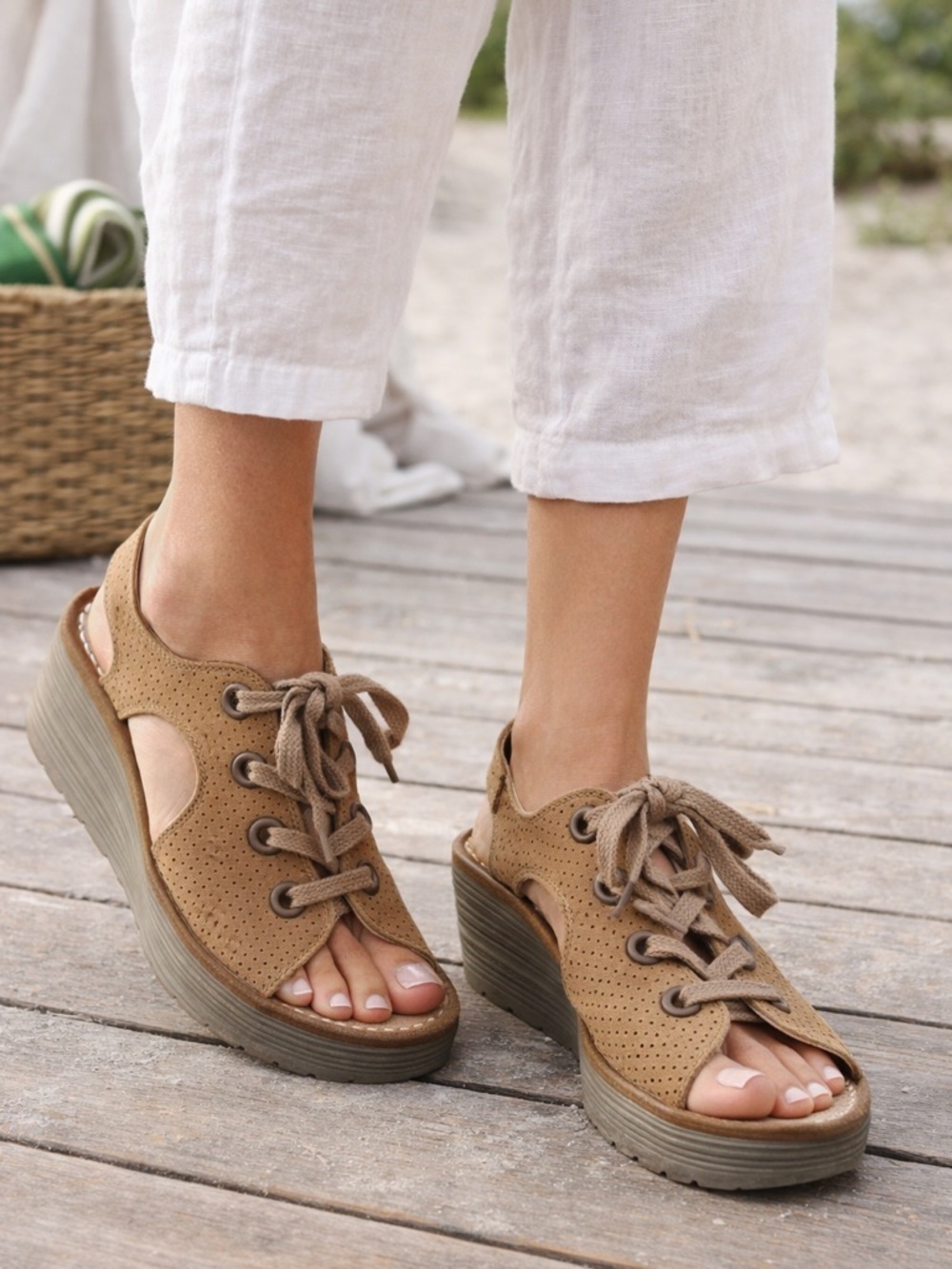 Fly London Perforated Leather Lace-Up Wedge Sandals Boho Size 41 or us 10.5